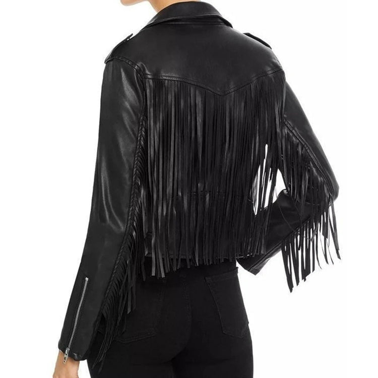 Women's Black 100% Genuine Lambskin Leather Fringed Jacket