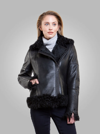 Women’s Black Leather Black Shearling Big Collared Jacket