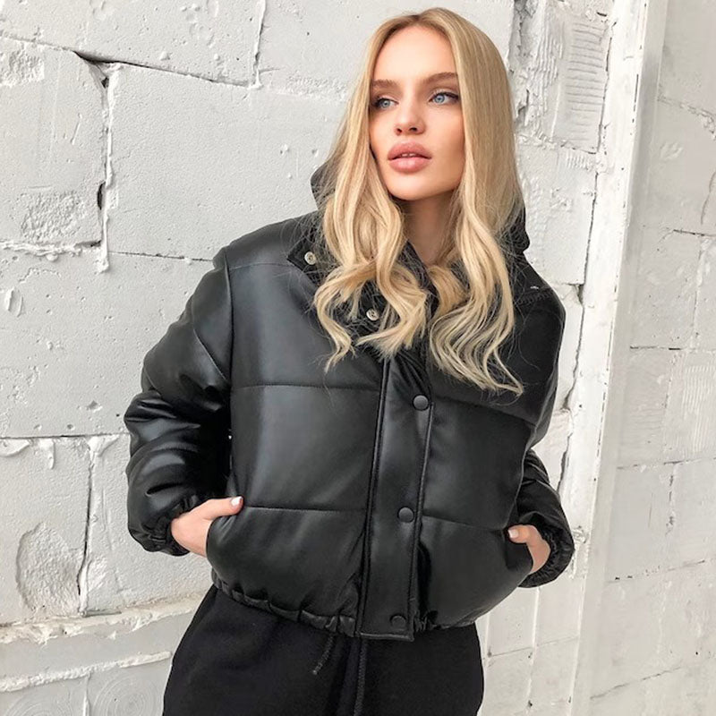 Womens Black Leather Cropped Puffer Jacket