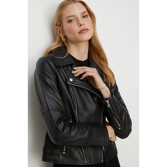 Women's Black Leather Detail Biker Jacket By 3A - Fashion Leather Jackets USA - 3AMOTO