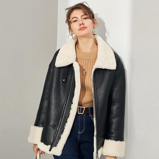 Womens Black Leather Shearling Coat with Lapel Collar - Fashion Leather Jackets USA - 3AMOTO