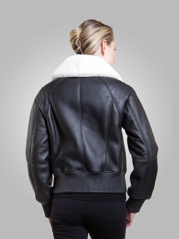 Women’s Black Leather White Shearling Bomber Jacket