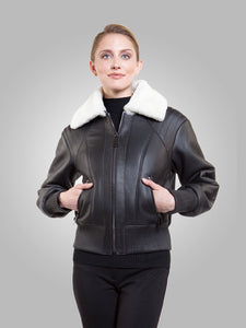 Women’s Black Leather White Shearling Bomber Jacket