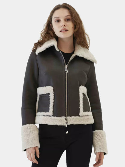 Women’s Black Leather White Shearling Fur Collar Jacket