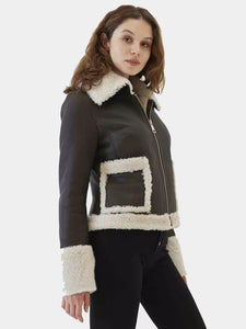 Women’s Black Leather White Shearling Fur Collar Jacket
