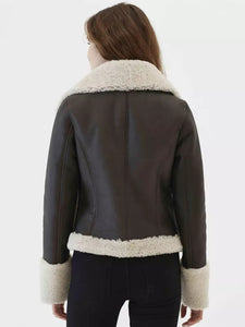 Women’s Black Leather White Shearling Fur Collar Jacket