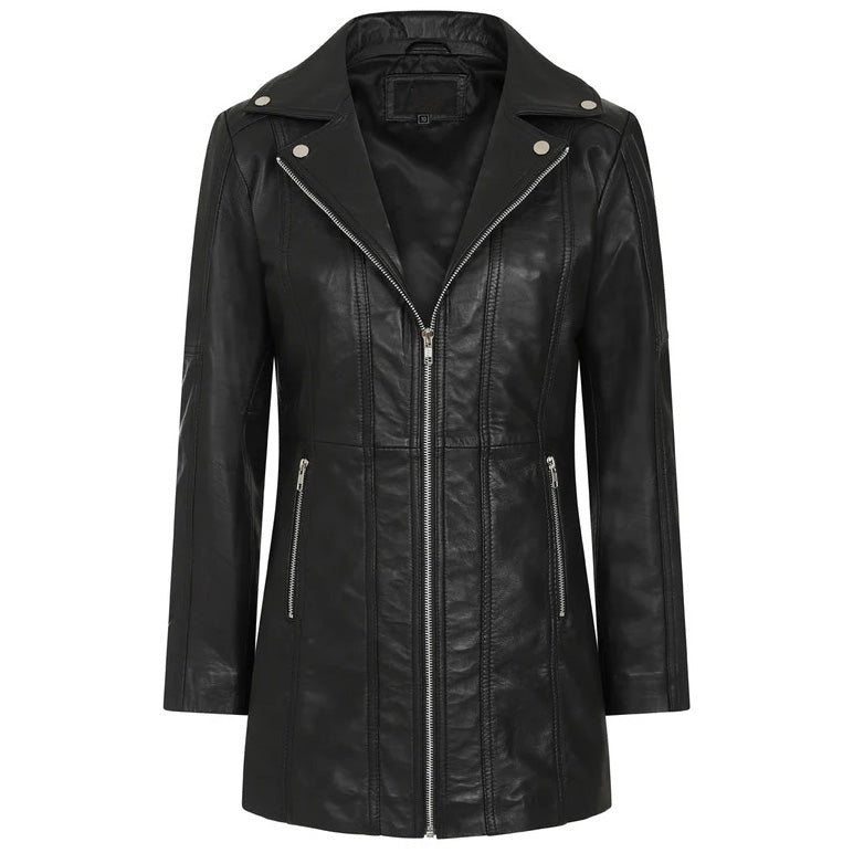 Women's Black Long Leather Biker Jacket By 3A