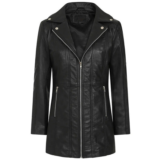 Women's Black Long Leather Biker Jacket By 3A - Fashion Leather Jackets USA - 3AMOTO