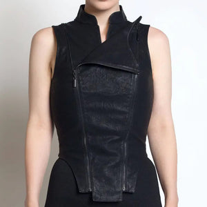 Womens Black Moto Biker Cyberpunk Leather Vest
