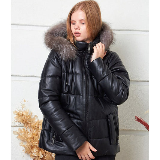 Womens Black Puffer Coat With Fur Hooded - Fashion Leather Jackets USA - 3AMOTO