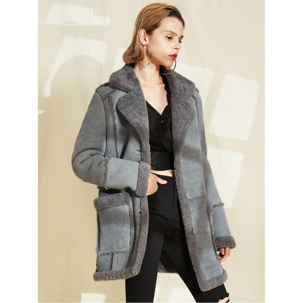 Womens Gray Suede Leather Warm Sheepskin Shearling Jacket Coat