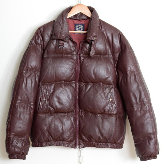 Womens Brown Down Filled Bomber Leather Puffer Jacket - Fashion Leather Jackets USA - 3AMOTO