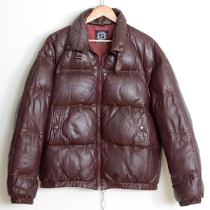 Womens Brown Down Filled Bomber Leather Puffer Jacket