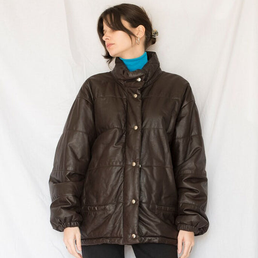 Womens Brown Leather Oversized Puffer Jacket - 3amoto shop