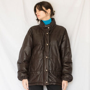 Womens Brown Leather Oversized Puffer Jacket