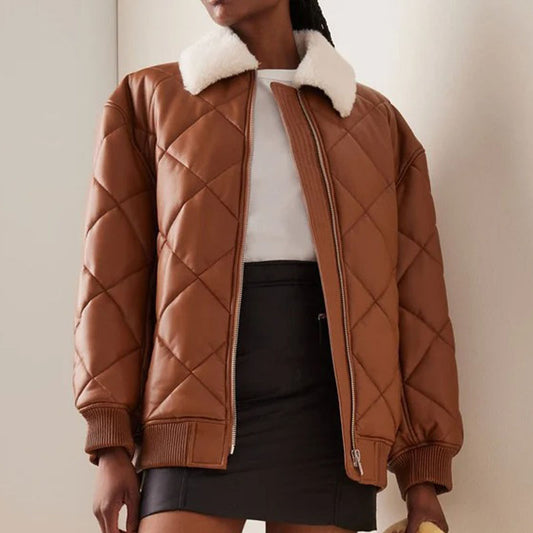 Womens Brown Puffer Leather Bomber Jacket in Fur Collar with Stylish Quilted - Fashion Leather Jackets USA - 3AMOTO