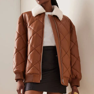Womens Brown Puffer Leather Bomber Jacket in Fur Collar with Stylish Quilted