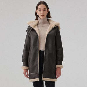Womens Brown Sheepskin Shearling Coat Mid Length with Hood