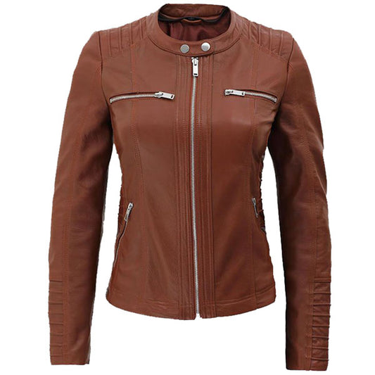 Womens Cafe Racer Brown Leather Hooded Jacket