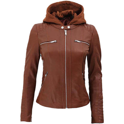 Womens Cafe Racer Detachable Hooded Leather Jacket