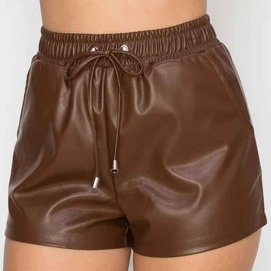 Womens Chocolate High Waist Leather Short - Fashion Leather Jackets USA - 3AMOTO