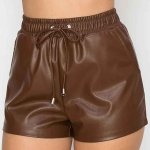 Womens Chocolate High Waist Leather Short