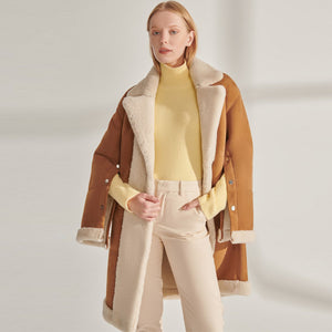 Womens Elegant Suede Leather Shearling Long Coat in Yellow