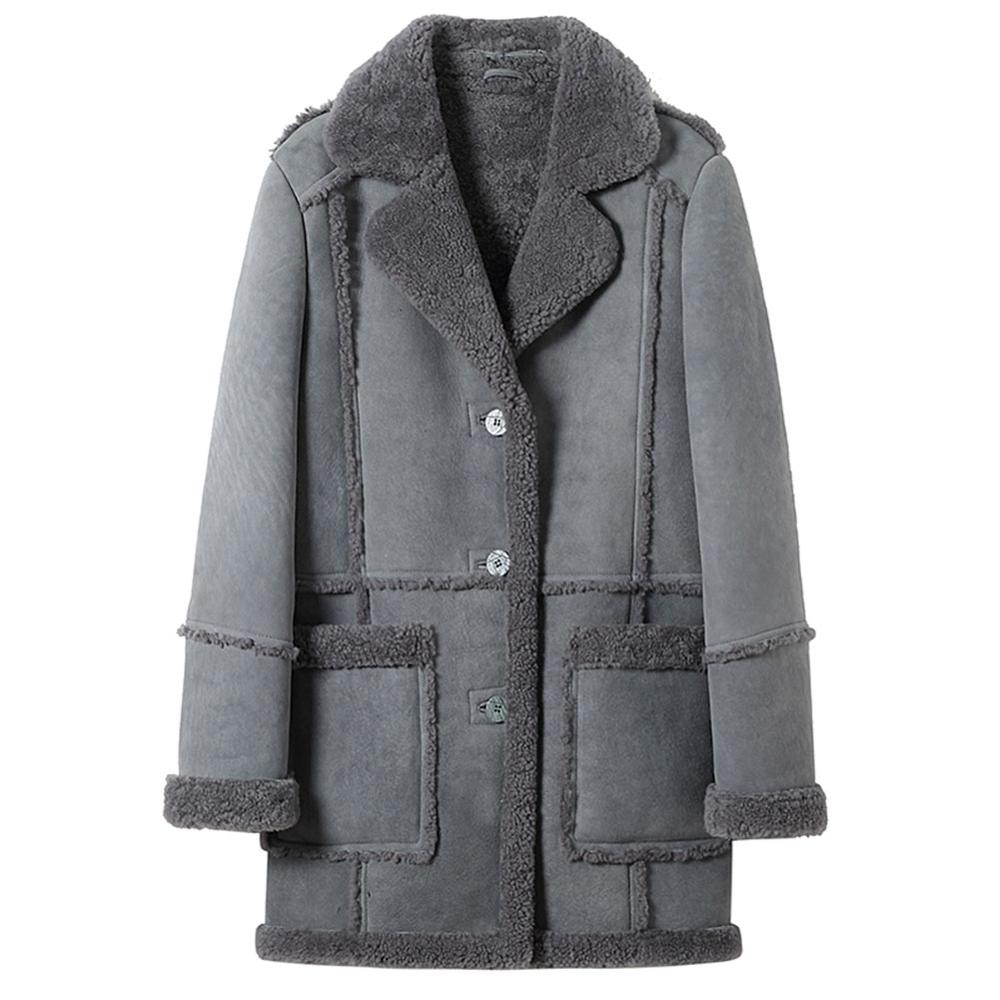 Womens Gray Suede Leather Warm Sheepskin Shearling Jacket Coat