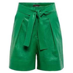 Womens Green Leather Short with Tie Belt
