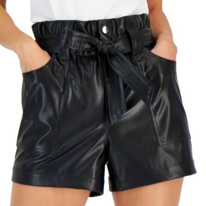 Womens High Rise Belted Black Leather Shorts