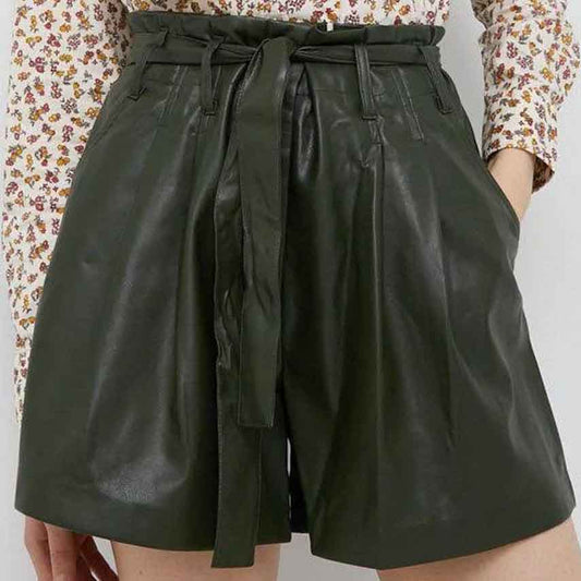 Womens High Waist Green Leather Shorts with Tie - Fashion Leather Jackets USA - 3AMOTO