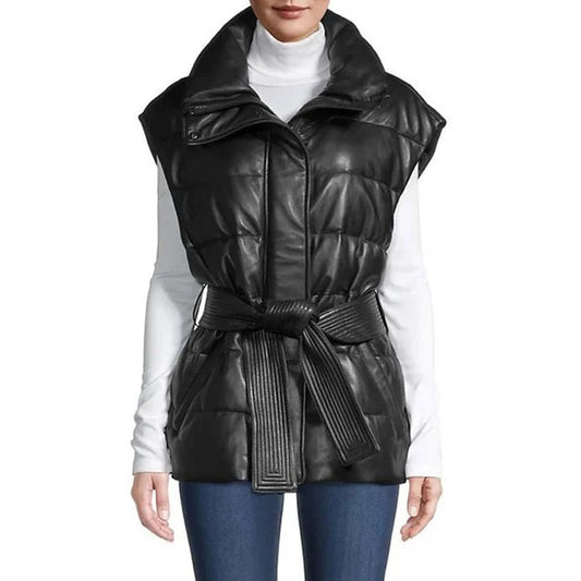 Womens Leather Puffer Vest in Black - Fashion Leather Jackets USA - 3AMOTO