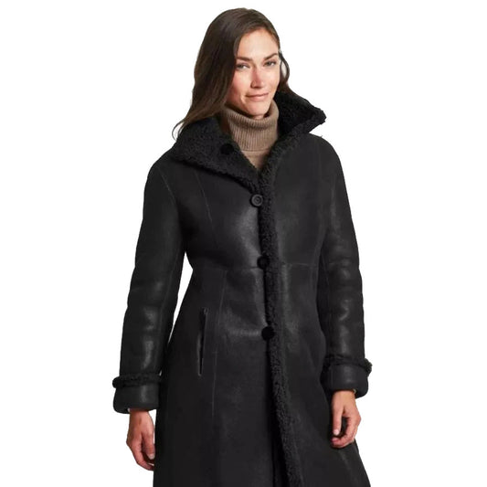 Womens Leather Shearling Long Coat in Black - Fashion Leather Jackets USA - 3AMOTO