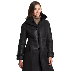 Womens Leather Shearling Long Coat in Black