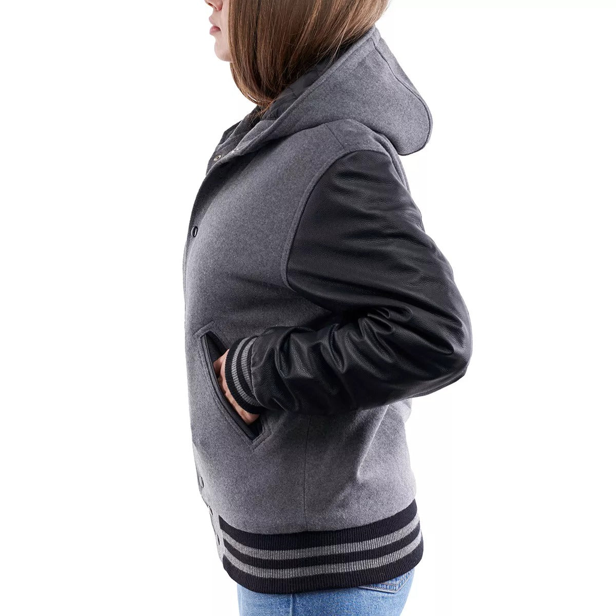 Womens Light Oxford Wool Body Black Sleeves Hoodie Letterman Jacket side