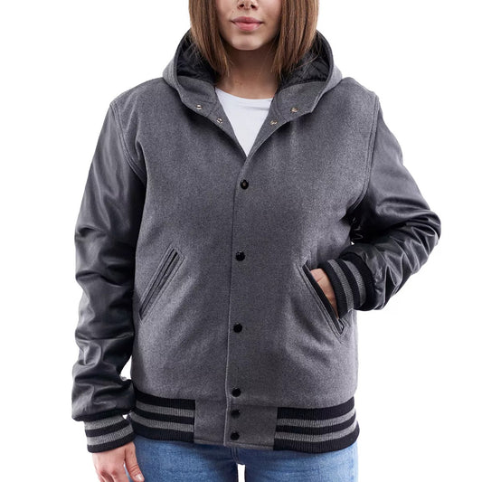 Womens Light Oxford Wool Body Black Sleeves Hoodie Letterman Jacket - 3amoto shop