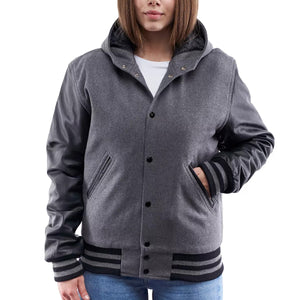 Womens Light Oxford Wool Body Black Sleeves Hoodie Letterman Jacket