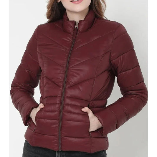 Womens Maroon Puffer Leather Jacket - Fashion Leather Jackets USA - 3AMOTO