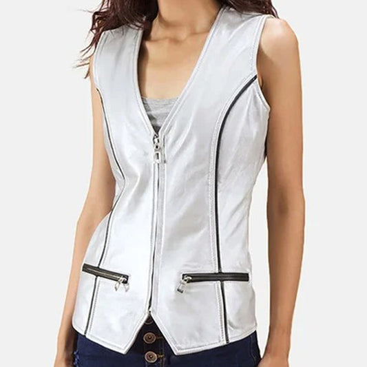 Women's Metalix Silver Leather Vest - Fashion Leather Jackets USA - 3AMOTO