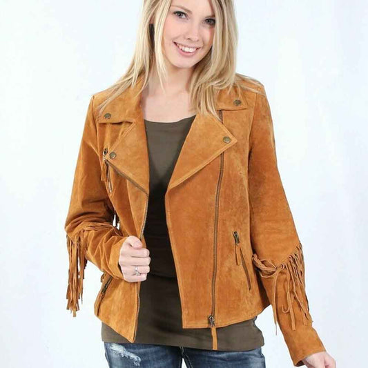 Womens Native American Western Style Suede Leather Jacket Brown - Fashion Leather Jackets USA - 3AMOTO