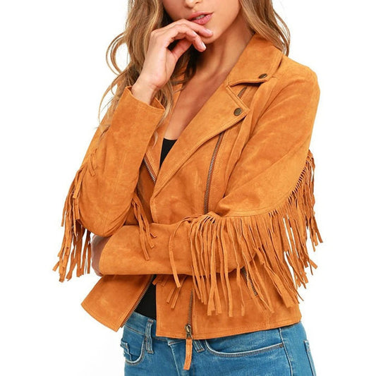 Women's Pure Brown Genuine Suede Leather Fringed Jacket - Fashion Leather Jackets USA - 3AMOTO