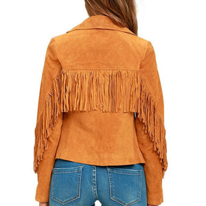 Women's Pure Brown Genuine Suede Leather Fringed Jacket