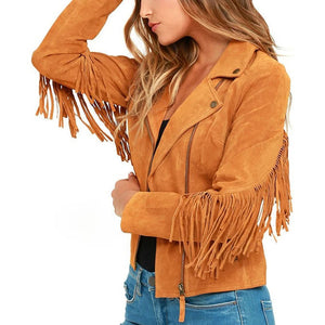 Women's Pure Brown Genuine Suede Leather Fringed Jacket