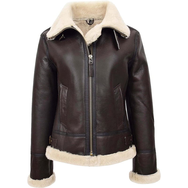 Handmade Women Brown Shearling Fur Real Leather B3 Bomber flying Pilot Cockpit Aviator fashion Distressed Jacket