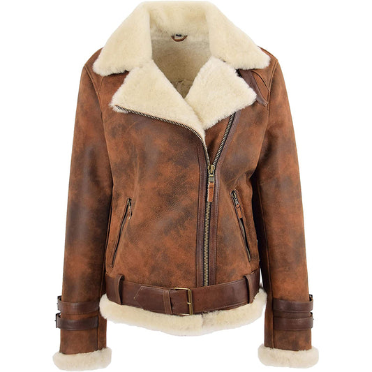 Womens Real Sheepskin Aviator Shearling Pilot Biker Style Jacket Antique Brown - Fashion Leather Jackets USA - 3AMOTO