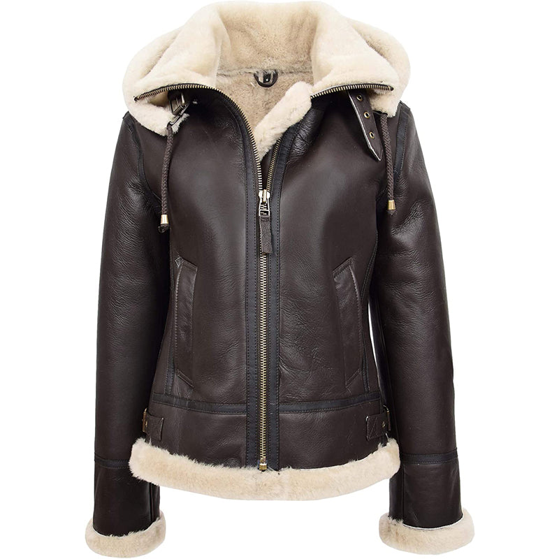 Womens Real Sheepskin Flying Jacket Brown Hooded Shearling B3 Pilot Aviator Coat