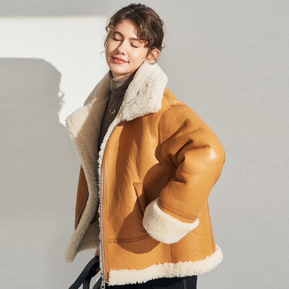 Womens Shearling Coat in Khaki with Lapel Collar