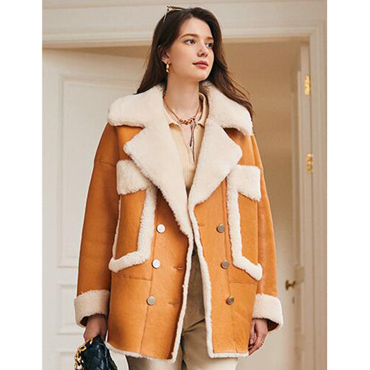 Womens Shearling Sheepskin Aviator Coat - 3amoto shop