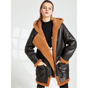 Womens Sheepskin Shearling Jacket Coat in Black with Warm Hooded