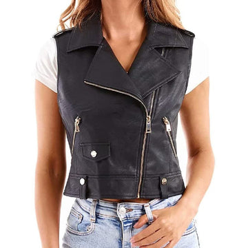 Faux Leather Vest for Women Zipper Cropped Sleeveless Biker Moto
